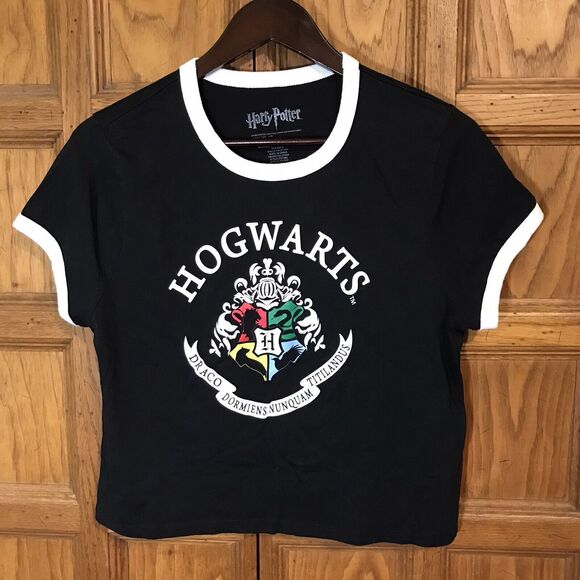 Harry Potter Hogwarts Crest Short Sleeve T-Shirt Youth size XL Black Ringer Tee - Picture 2 of 5